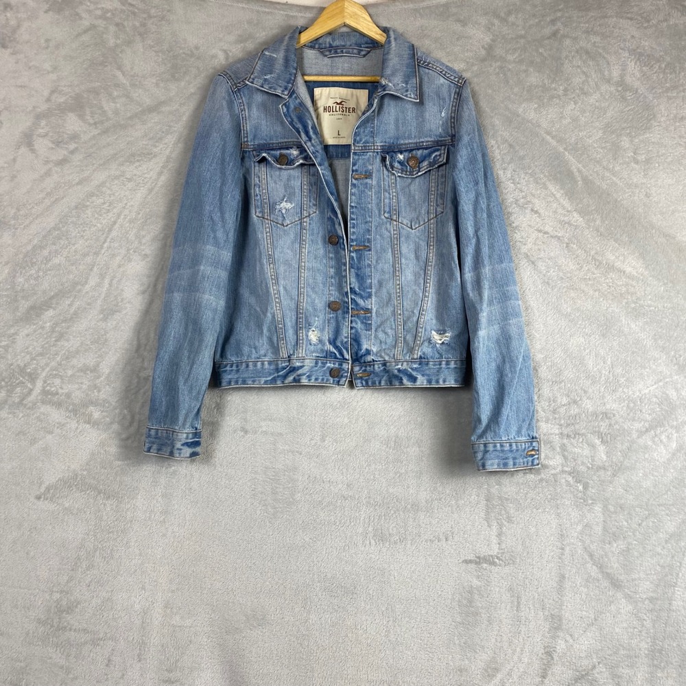Hollister Distressed Denim Trucker Jacket Light Wash Blue Size L Oversized